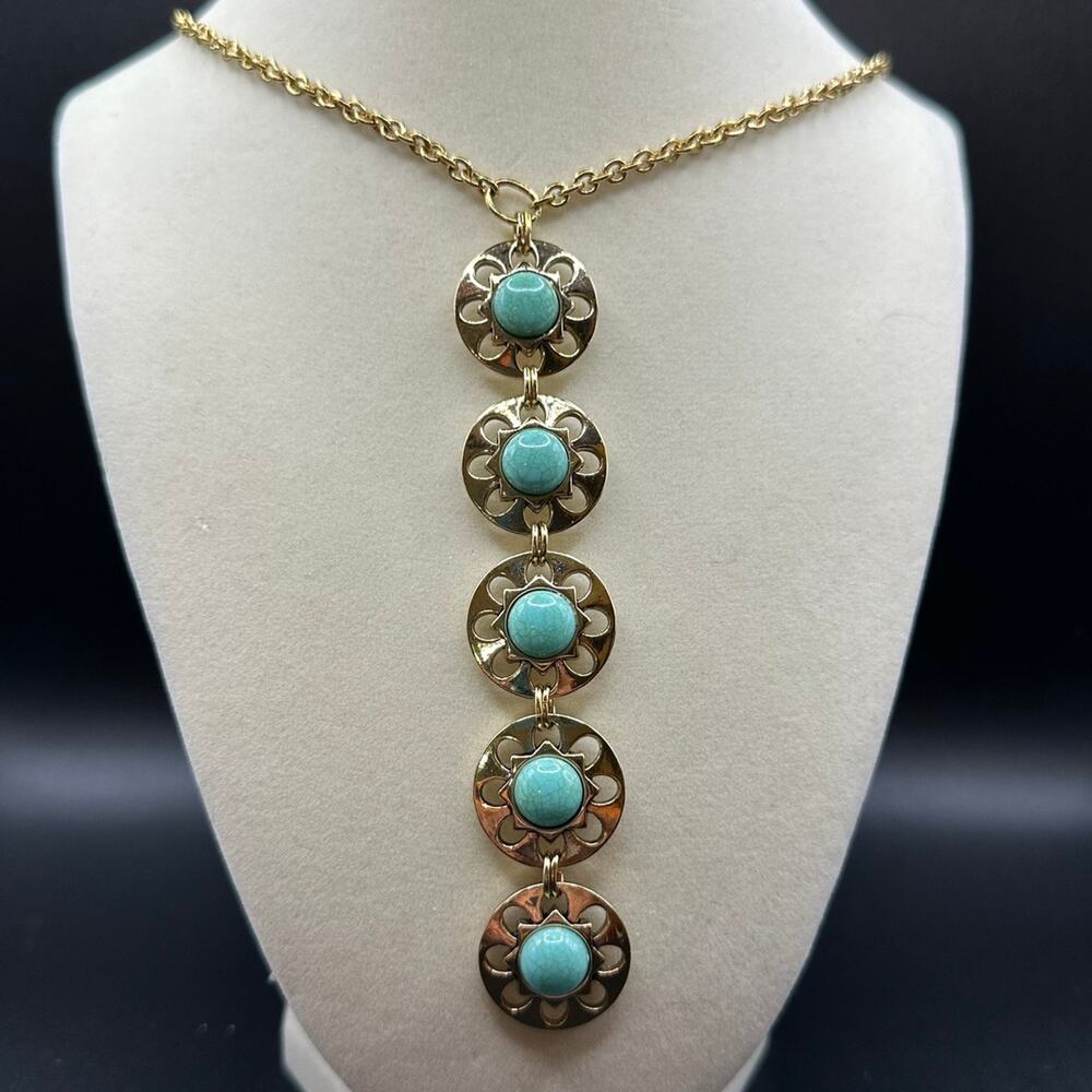 Gold Tone Turquoise Southwestern Style Necklace Casual 26"
